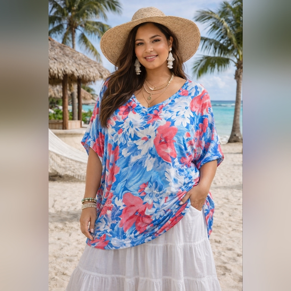 Boho Tropical Floral Dolman‎ Sleeve Top – Size oversized 2XL